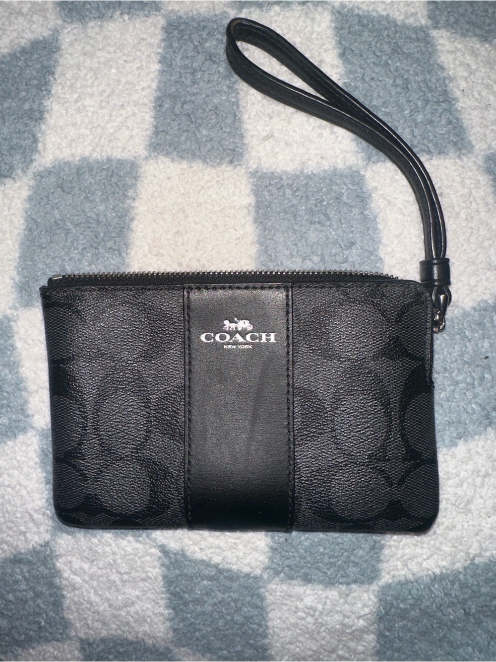 Coach Black Signature Wristlet with Logo Stripe